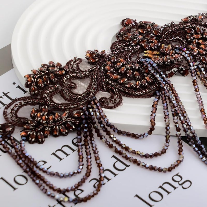 amusediy Brown Beaded Rhinestones Applique Embellishment for Clothes,Epaulettes Shoulder Patches Sew-on Diamond Sequin Applique for Wedding Dress DIY Accessories Belt Waist Decoration - Image 4
